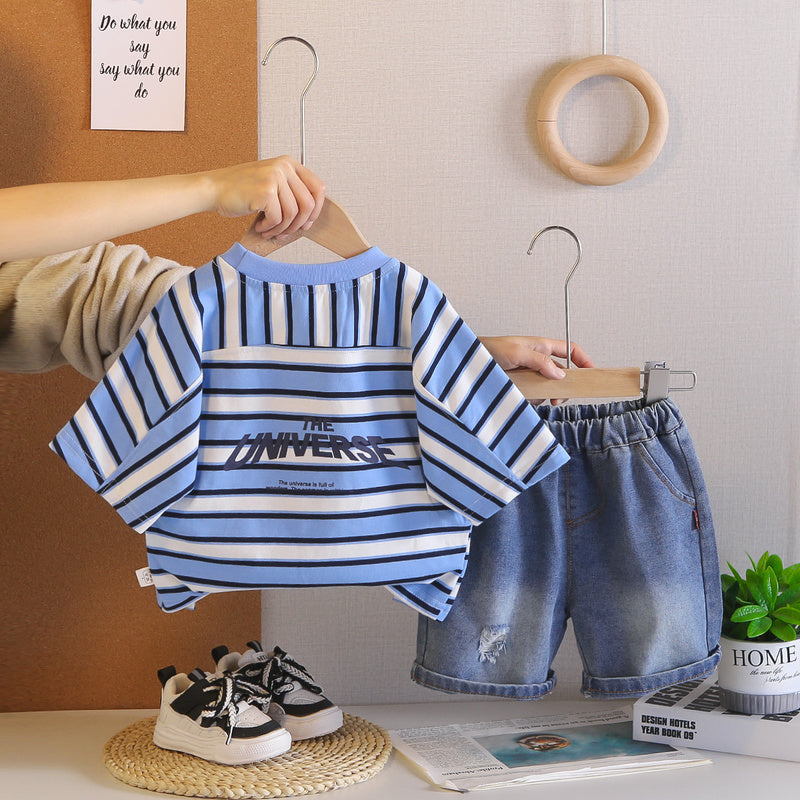 Boys' Summer Outfit 2026 New Fashionable Striped Short-Sleeve Denim Shorts Two-Piece Set for Toddlers