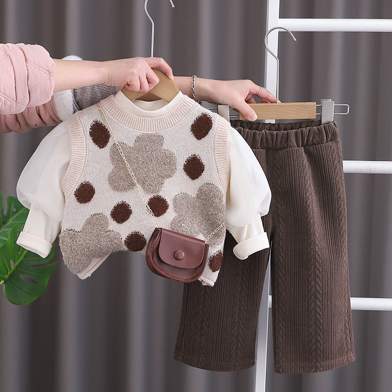Clothes Stylish Sweet Bag Three-Piece Set One-Year-Old Baby Girl Fashionable Versatile Spring and Autumn Outfit