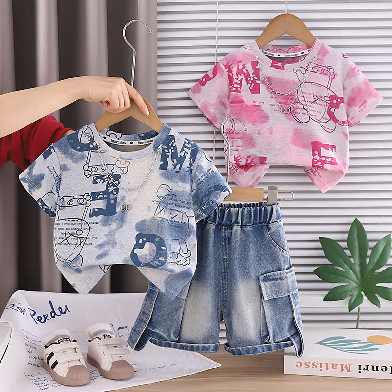 Outfit 2026 New Style Toddler Baby Summer Clothes Boys' Tie-Dye Big Bear Short Sleeve Two-Piece Set Trendy