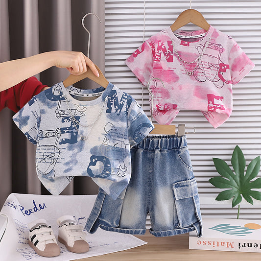Outfit 2026 New Style Toddler Baby Summer Clothes Boys' Tie-Dye Big Bear Short Sleeve Two-Piece Set Trendy