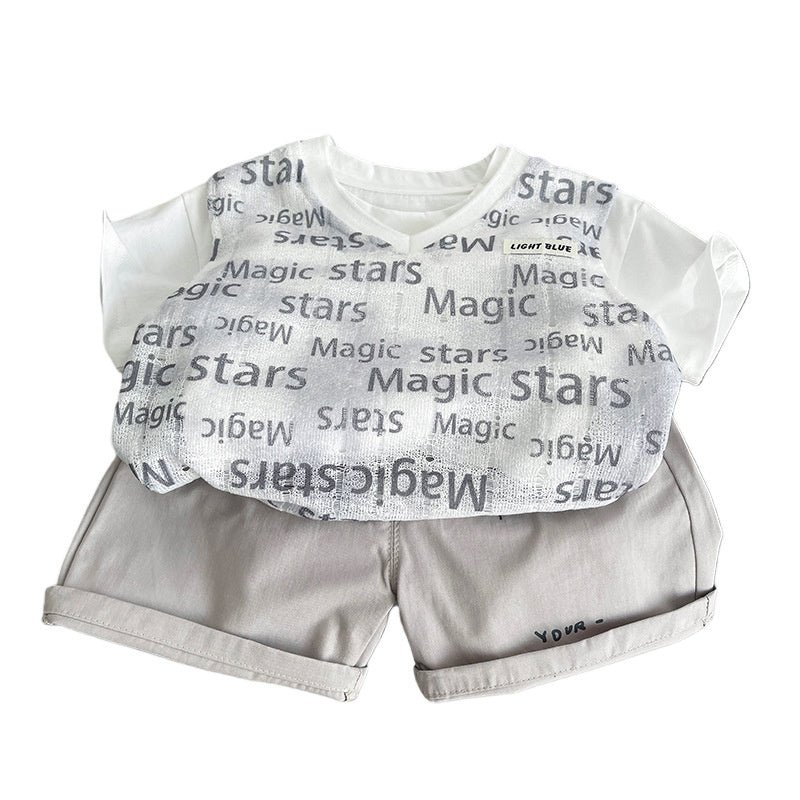 Boys' Outfit Children's Letter Print Short Sleeve Three-Piece Set 2026 New Style for Little Boys 1-3 Years Old Baby Summer Clothes