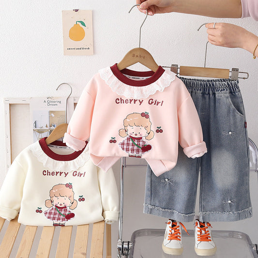 Baby clothes spring, cute sweet lace sweatshirt two-piece set for 10-month to 1-year-old little girls, spring and autumn outfit
