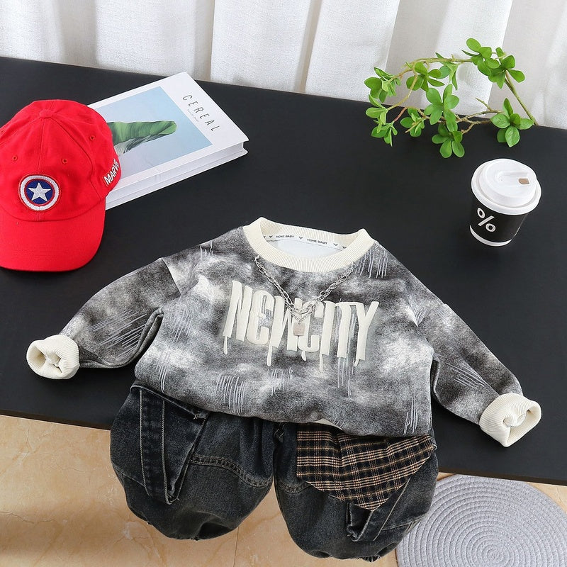 Boys' Outfit New 2026 Baby Tie-Dye Letter Sweatshirt Two-Piece Set Long Sleeve Spring and Autumn Fashion