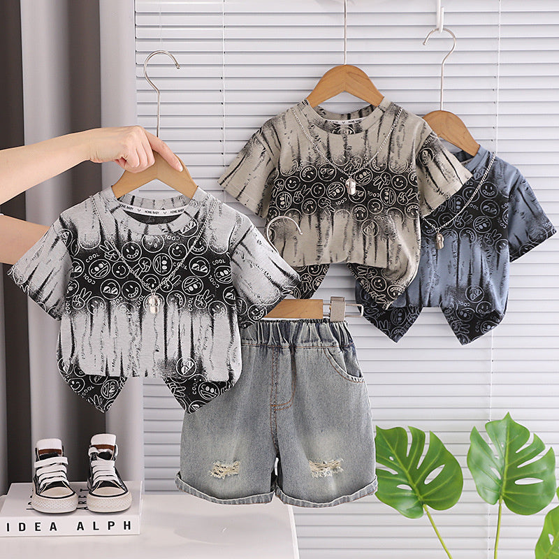 Baby Outfit Set 2026 New Style Boys' Short Sleeve Shorts with Print, Infant Children's Clothing, Stylish Summer Clothes for Little Kids