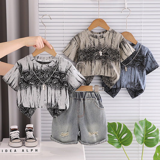 Baby Outfit Set 2026 New Style Boys' Short Sleeve Shorts with Print, Infant Children's Clothing, Stylish Summer Clothes for Little Kids