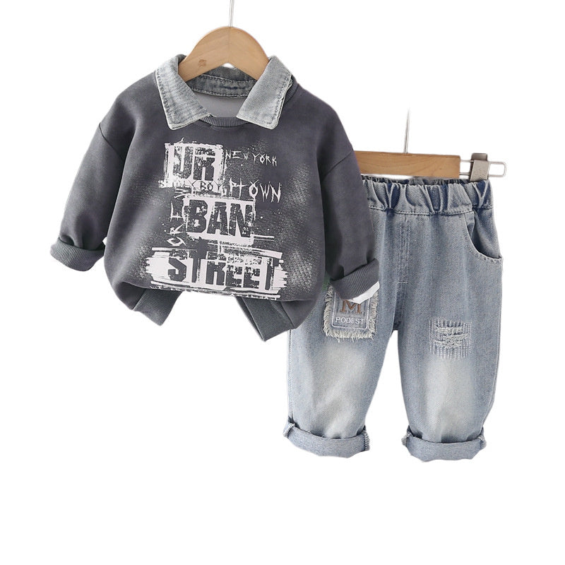Baby boy spring outfit stylish children's clothing 2026 new style boys' letter sweatshirt two-piece set for one-year-old boys