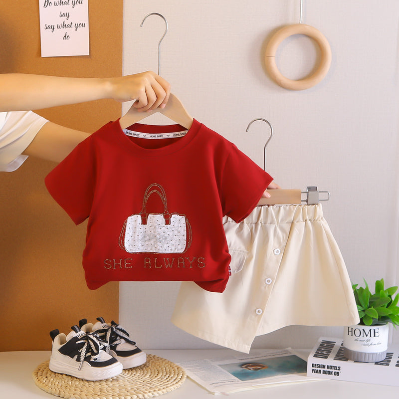 Girls' outfit 2026 new style children's clothing with rhinestone bag, short-sleeved summer fashion, stylish and trendy for baby girls