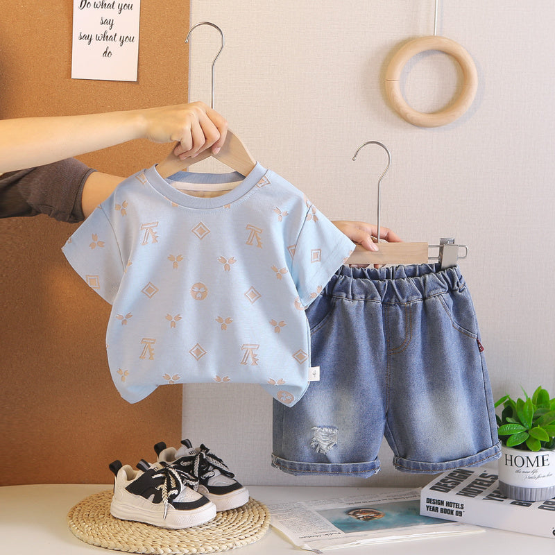 Boys' Outfit 2026 New Fashionable Toddler Summer Clothes with Printed Round Neck Short Sleeve Shirt and Jeans