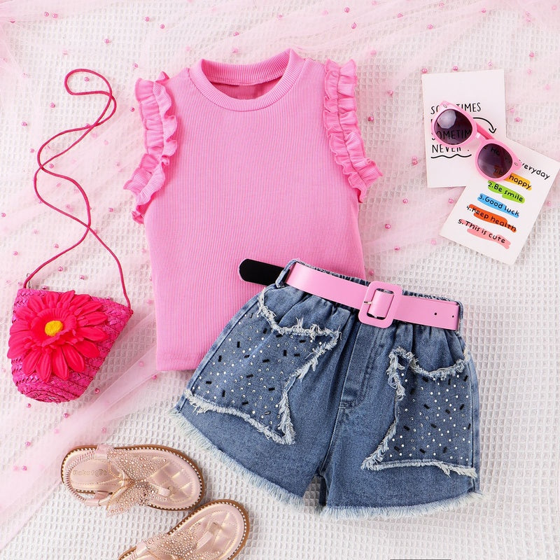 Amazon cross-border ribbed sleeveless ruffled tank top + washed fringed denim shorts girls' set 24 summer style