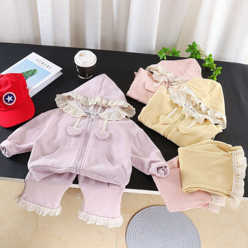 Girls' Outfit 2026 New Style Baby Spring and Autumn Lace Hoodie Two-Piece Set Stylish Children's Clothing for Little Kids