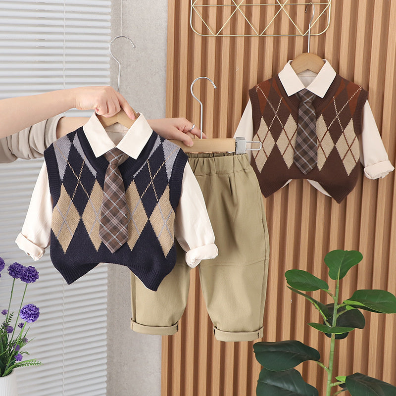Boys' Suit Spring 2024 New Stylish Baby Long Sleeve Diamond Pattern Tie Sweater Vest Three-Piece Set Toddler Trendy