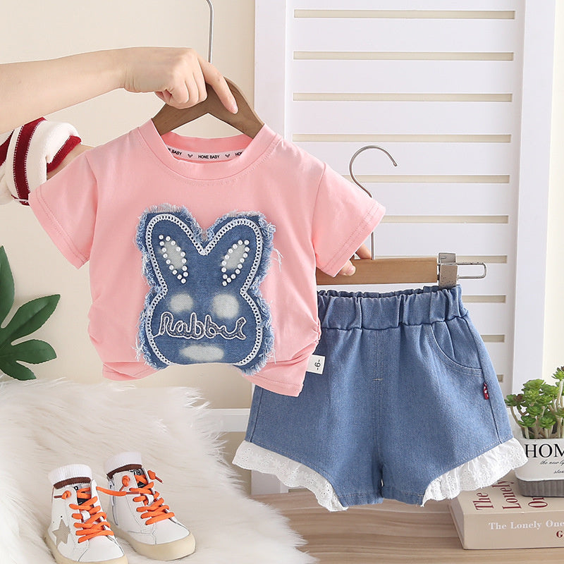 Girls' Rabbit Appliqué Outfit 2026 New Fashionable Summer Infant Clothing for One-Year-Old Baby Girls
