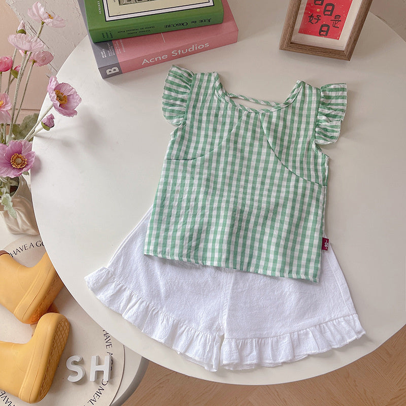 Girls' 2026 New Fashionable Children's Clothing, Flutter Plaid Short Sleeve Shorts, Baby Girl Summer Outfit