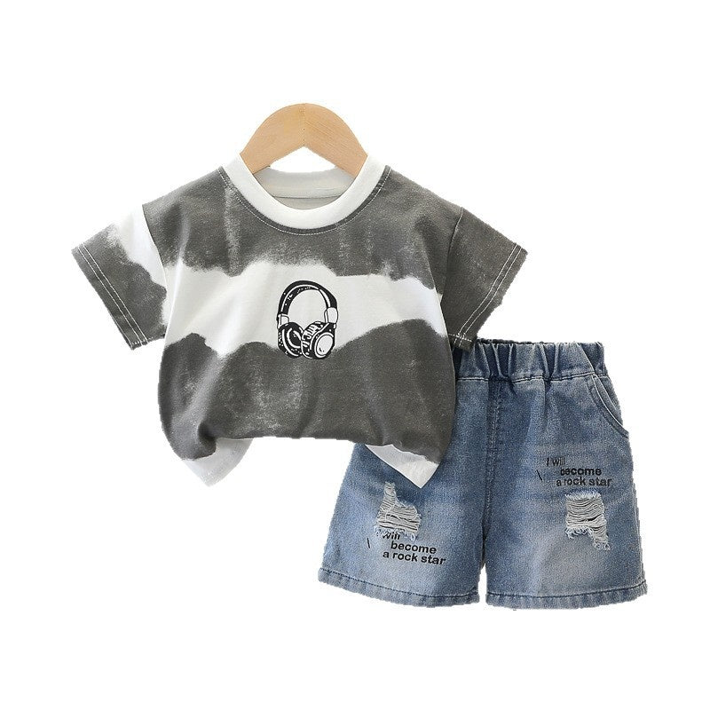 Boys' wide-striped casual short-sleeve thin T-shirt and children's summer shorts set, 26 new Korean-style baby two-piece outfit