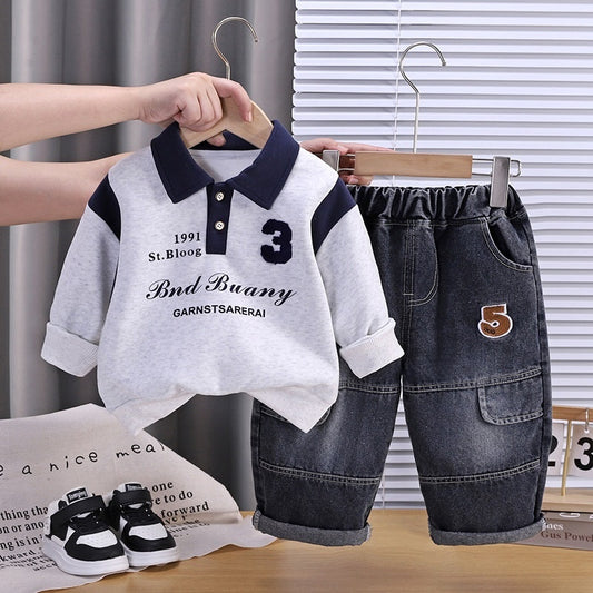 Boys' Outfit Turn-down Collar 2026 New Style Children's Two-piece Set with Contrasting Colors Fashionable Baby Spring and Autumn Trendy Clothing