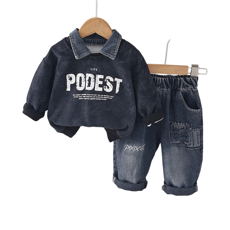 Boys' Outfit 2026 New Fashionable Children's Clothing Baby Spring and Autumn Two-Piece Set with Detachable Denim Collar