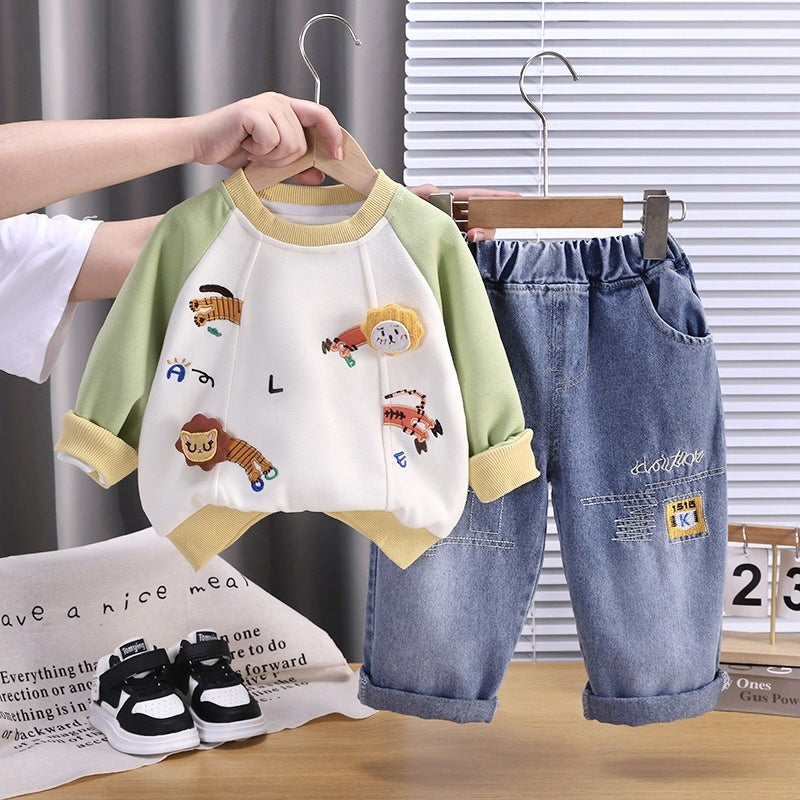Boys' Outfit 0-4 Years Old, Stylish Spring Autumn Baby Clothes, Cartoon Lion Two-Piece Set for Infants and Children