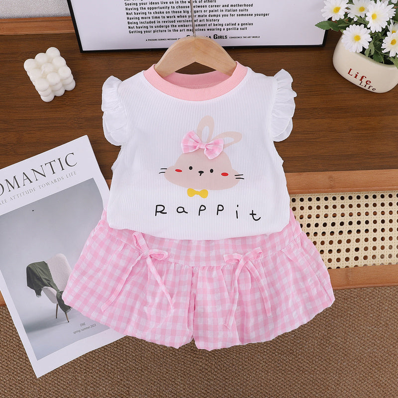 Girls' Summer New Outfit: Cute Baby Girl Set with 3D Bow, Little Rabbit, Flutter Sleeves, and Bowknot Bloomers
