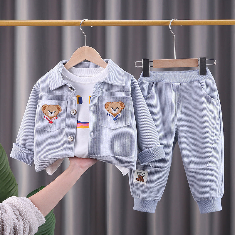 Boys Cartoon Casual Three-Piece Set Baby Stylish Clothes New Corduroy Children's Workwear Jacket