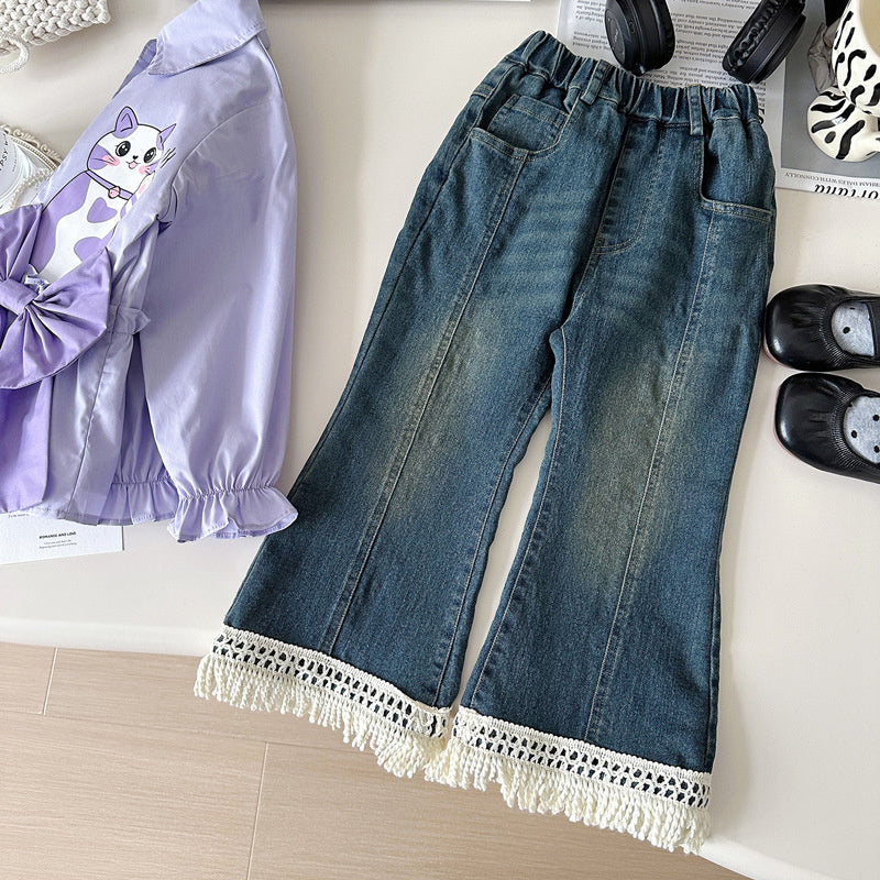 Girls' Spring Outfit 2025 New Korean Style Fashionable Long Sleeve Shirt and Denim Flared Pants Two-Piece Set Trendy