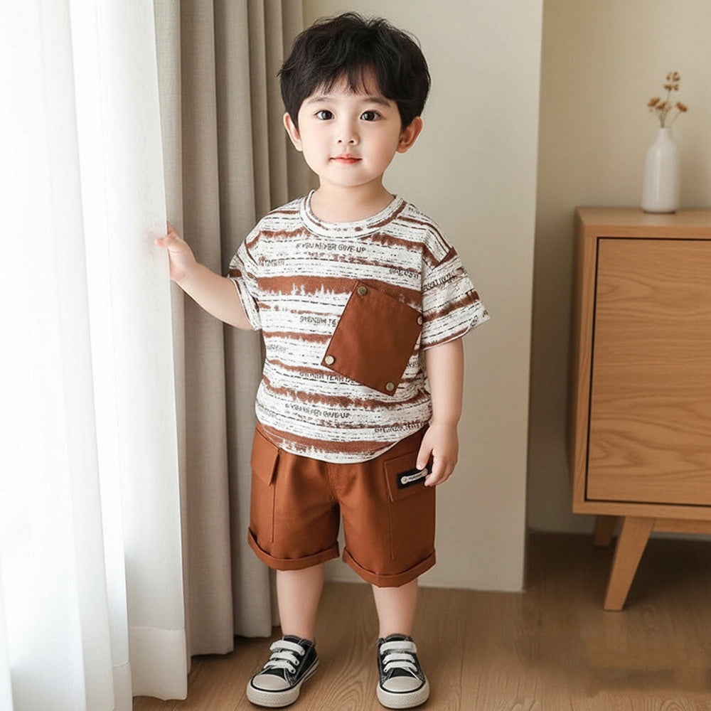 Boys' Outfit 2026 New Fashionable Summer Clothes for Boys Baby Striped Diagonal Pocket Short Sleeve Thin Children's Clothing