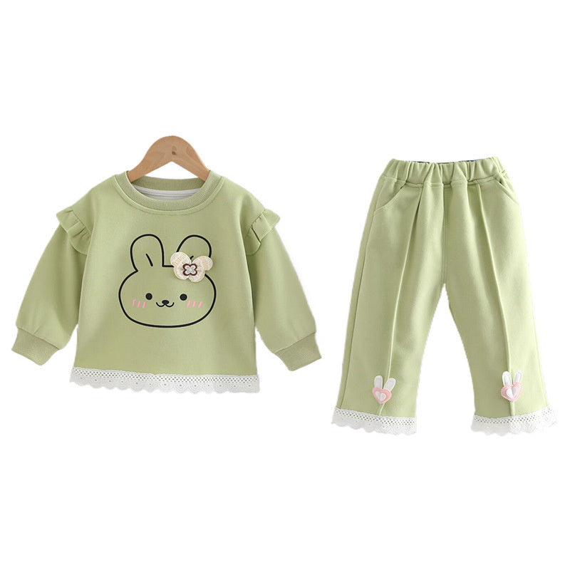 Girls' Lace Trim Bunny New Korean Style Fashionable Baby Casual Spring Autumn Sweatshirt for Outerwear