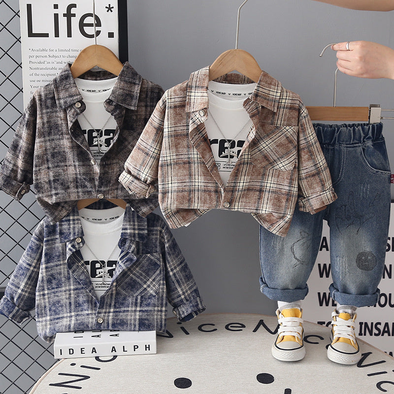 Boys' Suit 2026 New Spring and Style Children's Fashionable Round Pocket Plaid Shirt Baby Autumn Casual Three-Piece Set