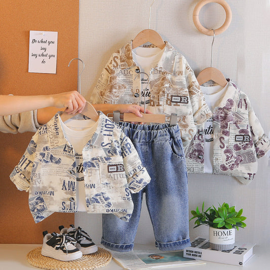 Boys' Outfit 2026 New Fashionable Long-Sleeve Letter Jacket Three-Piece Set for Children, Trendy Spring and Autumn Outerwear
