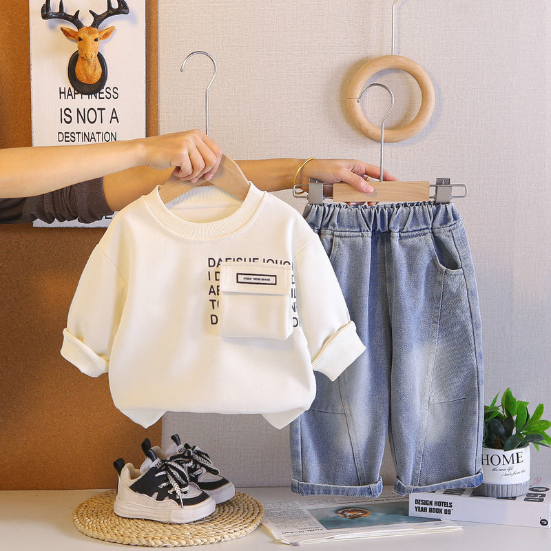 Boys' Spring Autumn Casual Outfit 2026 New Solid Color Pocket Sweatshirt and Pants Two-Piece Set for 1-3-5 Year Olds Trendy