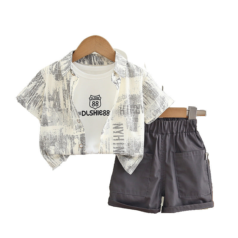 Boys' Summer Outfit 2026 New Model Children's Short-Sleeve Graffiti Letter Shirt Three-Piece Set for Boys 1-3 Years Old Trendy