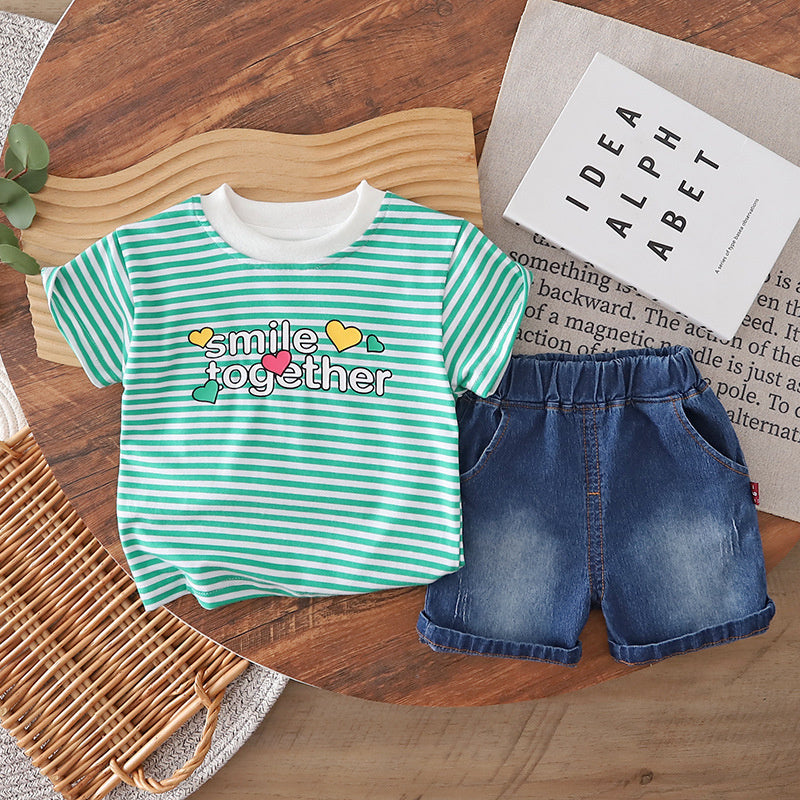Boys' Short-Sleeve Summer Outfit 2026 New Children's Cartoon Cute Striped Heart Baby Shorts Two-Piece Set Trendy