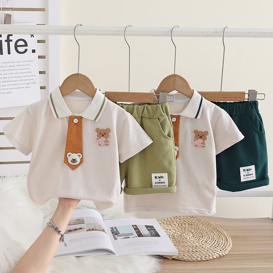 Boys' Summer Outfit 2026 New Fashionable Baby Bear Tie Placket Short Sleeve Two-Piece Set Infant Children's Clothing
