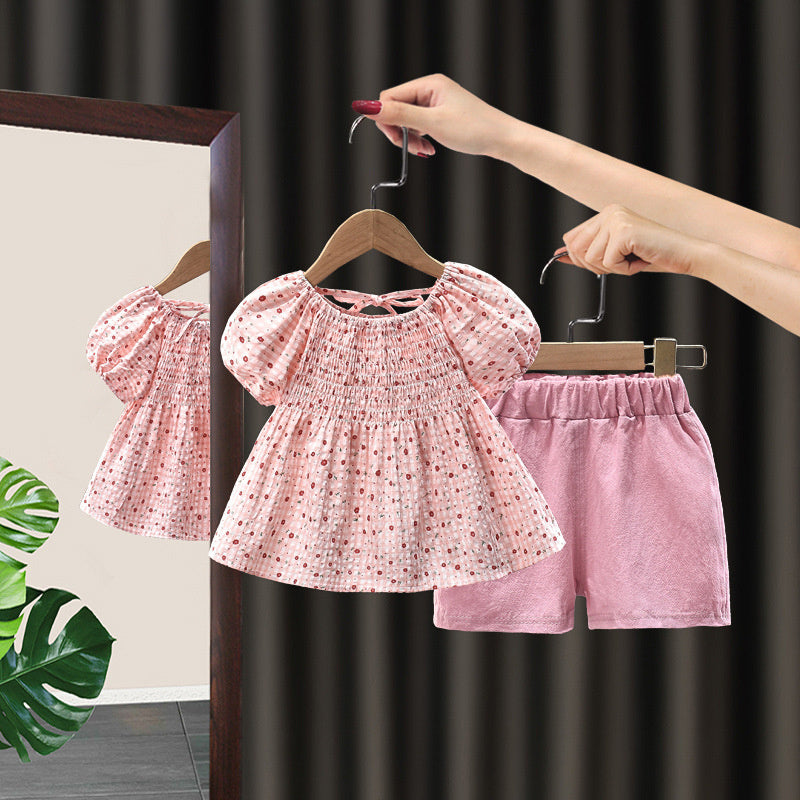 New Girls' Summer Floral Princess Set Baby Infant Korean Style Fashionable Short Sleeve Elegant Pastoral Two-Piece