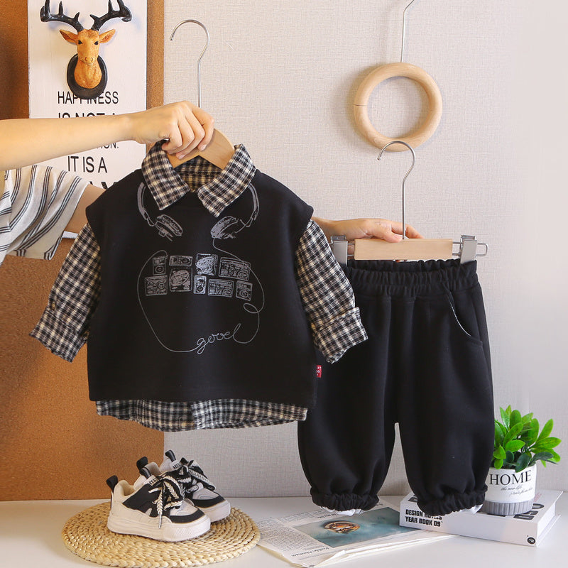 Boys' outfit new children's clothing, Korean-style plaid earphone vest three-piece set, fashionable stylish for toddlers in spring and autumn
