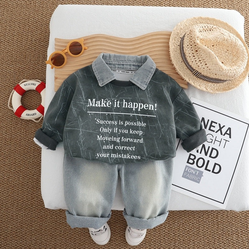 Boys' Suit 2025 New Fashionable Baby Spring and Autumn Korean Style Round Neck Sweatshirt Two-Piece Set