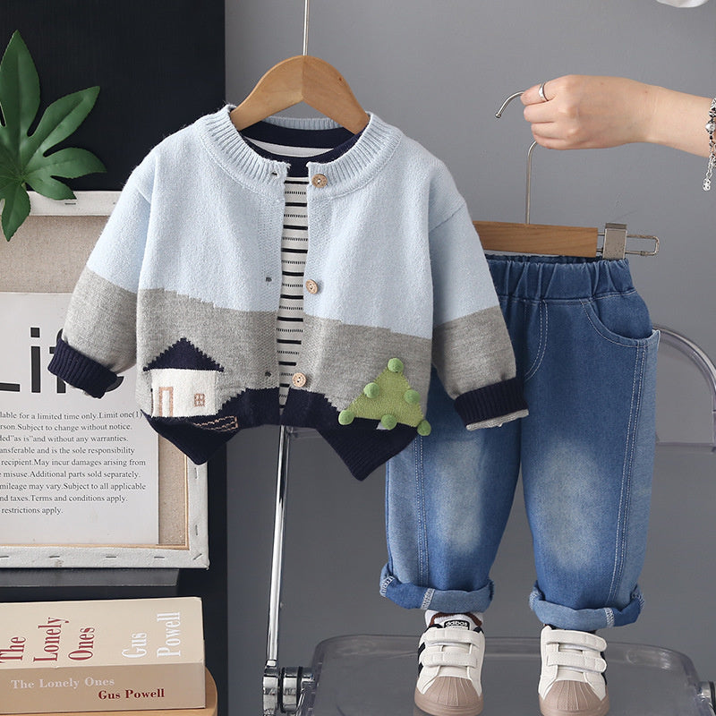 Boys' Outfit Set, New Spring Autumn Style Infants and Children, Stylish Korean Version House Sweater Long Sleeve Three-Piece Set for Boys