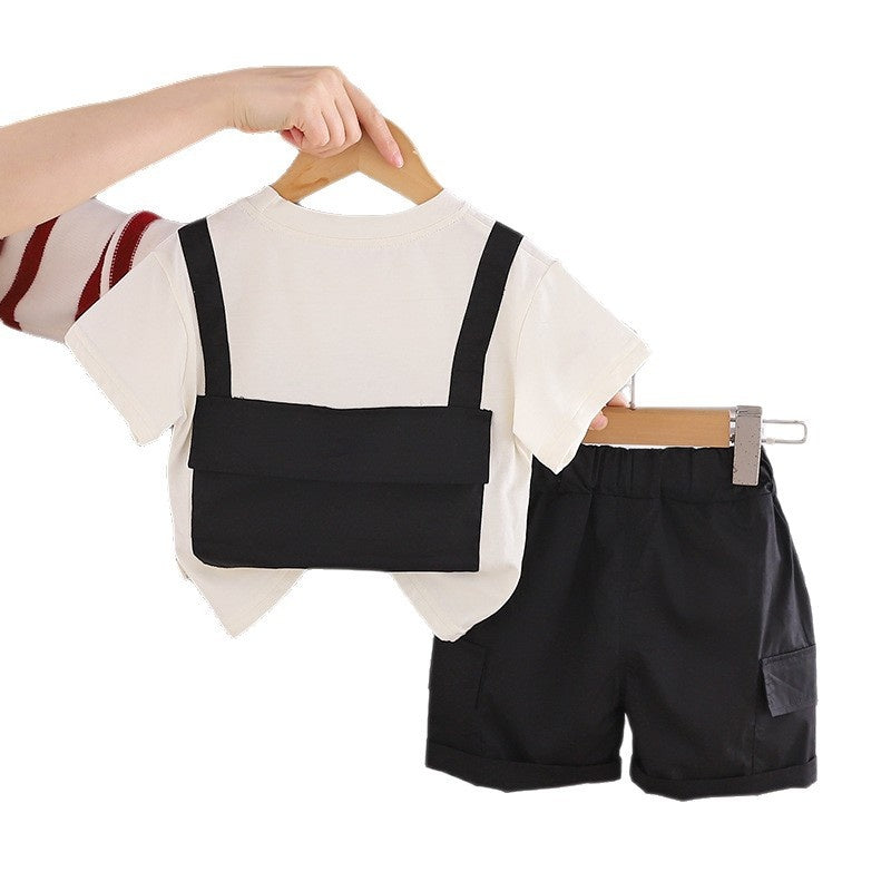 Boys' Short-Sleeve Outfit 2026 New Fashionable Fake Backpack Two-Piece Set Summer Children's Sportswear Trendy
