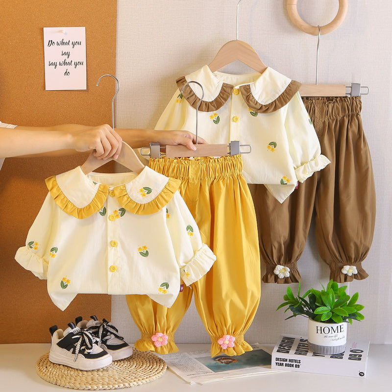 Baby set, children's clothing, toddler girl spring and long-sleeve outfit with small yellow flowers, stylish autumn wear for girls