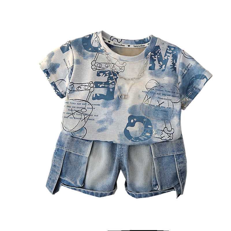 Outfit 2026 New Style Toddler Baby Summer Clothes Boys' Tie-Dye Big Bear Short Sleeve Two-Piece Set Trendy