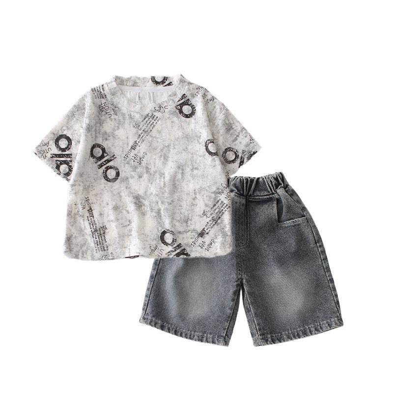 Boys' Letter Print Short Sleeve 2026 New Children's Summer Outfit Stylish Baby Korean Version Two-Piece Set Trendy