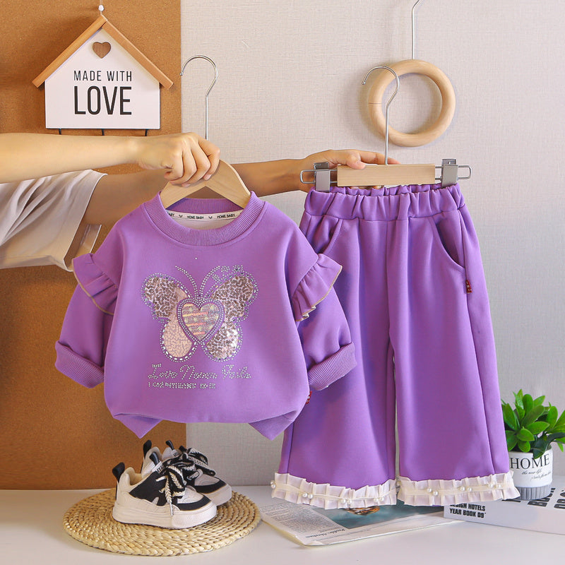 Baby Girl Spring and Outfit Set 2026 New Fashionable Girls' Rhinestone Cute Butterfly Two-Piece Autumn Clothes Trendy