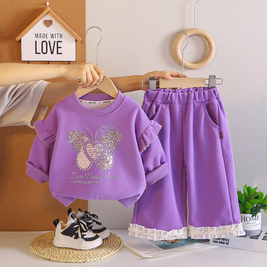 Baby Girl Spring and Outfit Set 2026 New Fashionable Girls' Rhinestone Cute Butterfly Two-Piece Autumn Clothes Trendy