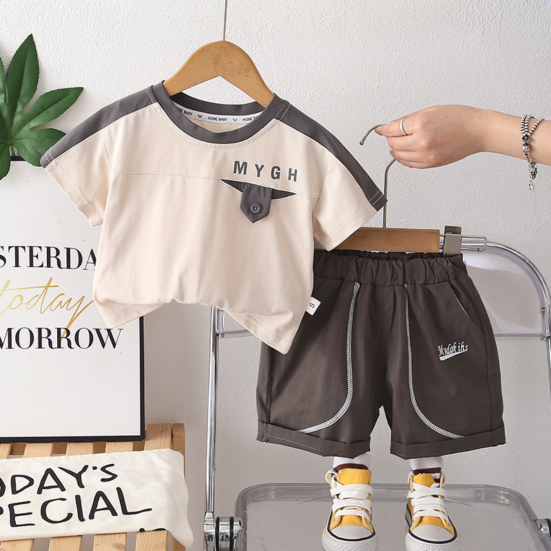 2026 New Boys' Two-Piece Set Children's Letter Color-Block Short-Sleeve Thin Baby Summer Clothes Trendy