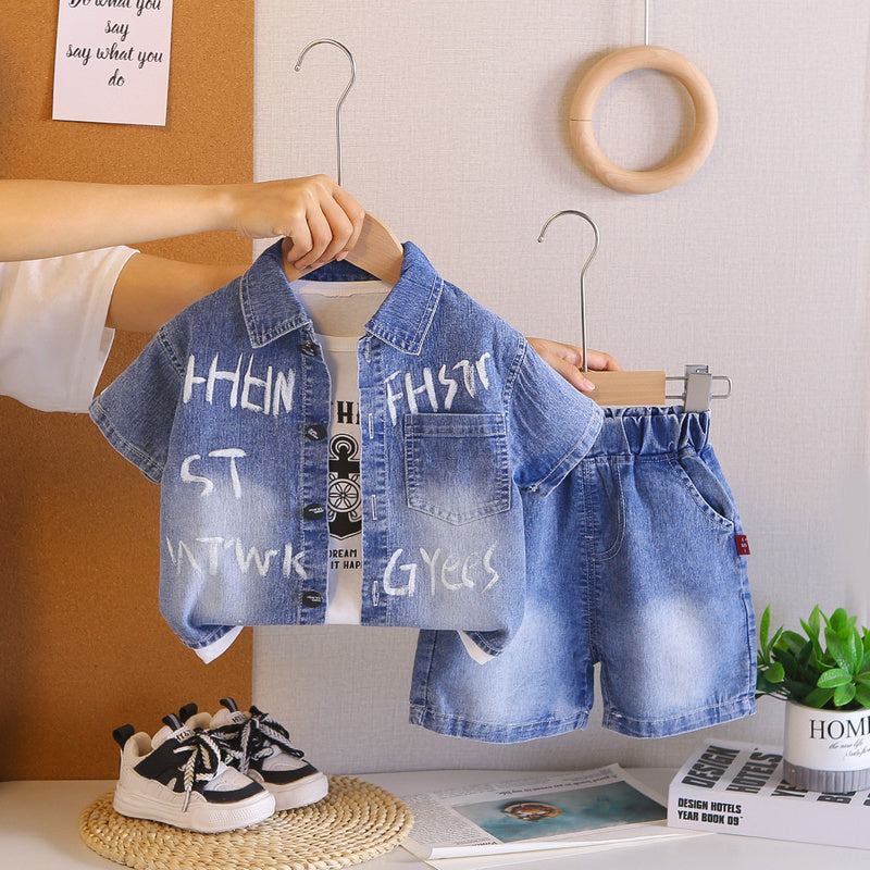 Boys' Summer Outfit 2026 New Children's Letter Print Denim Short Sleeve Shorts Baby Thin Clothing Three-Piece Set