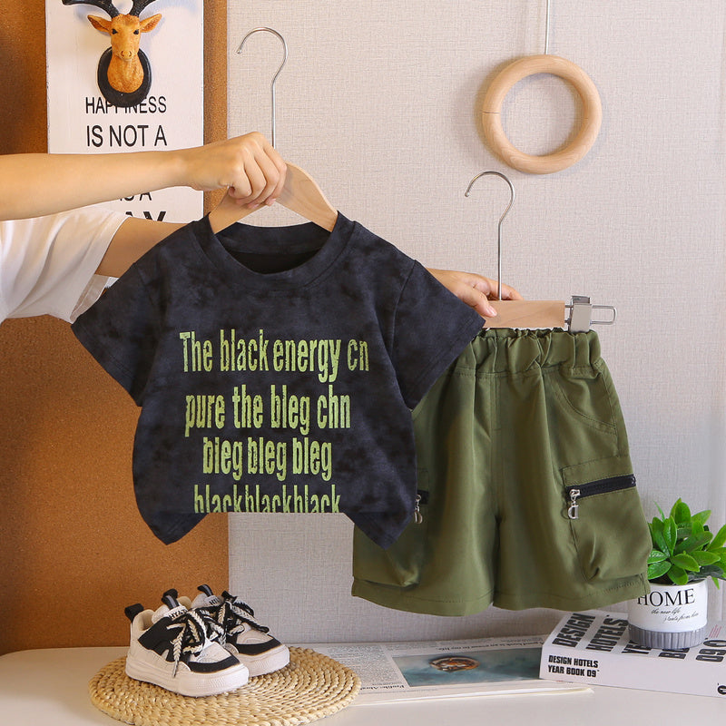 Children's 2026 New Summer Style Boys, English Pocket Pants Short-Sleeve Two-Piece Set for Toddlers and Young Children