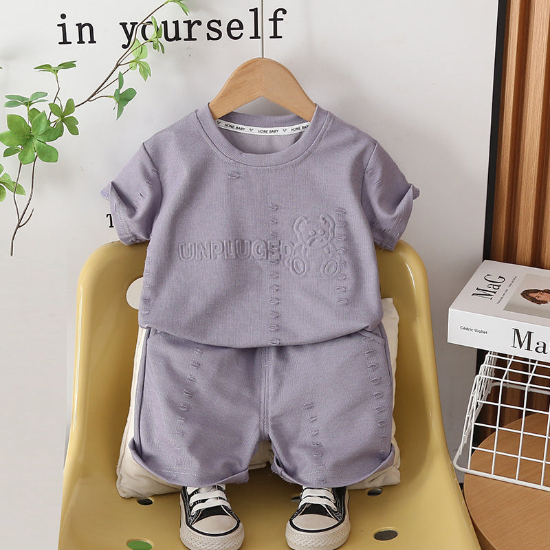 Boys' Outfit: Distressed Bear Short-Sleeve Set 2026 New Fashionable Baby Summer Clothes, Lightweight and Stylish for Children