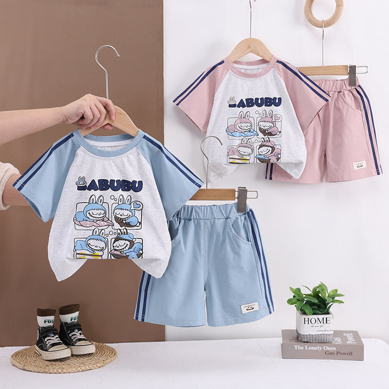 Boys' Summer Outfit 2026 New Fashionable Cartoon Sports Short Sleeve Set for 1-3 Year Old Boys and Girls