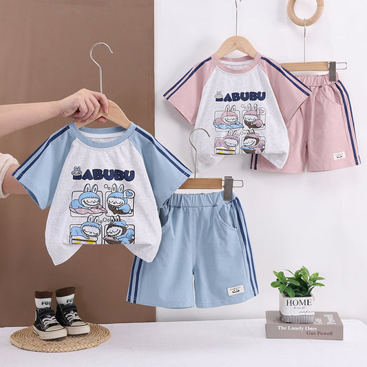 Boys' Summer Outfit 2026 New Fashionable Cartoon Sports Short Sleeve Set for 1-3 Year Old Boys and Girls