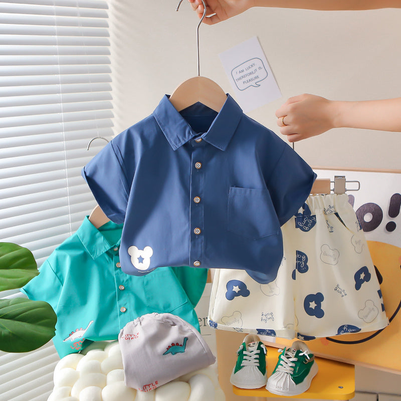 Boys' Summer Short-Sleeve Outfit 2026 New Fashionable Two-Piece Set Baby Cartoon Dinosaur Bear Clothes Children's Wear