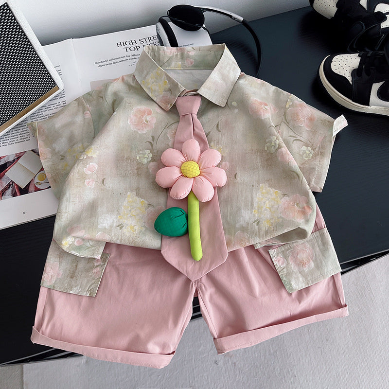 Boys' Summer Outfit 2026 New Style 1-2-3 Years Old, Stylish Floral Tie Shirt Short Sleeve Two-Piece Set for Children